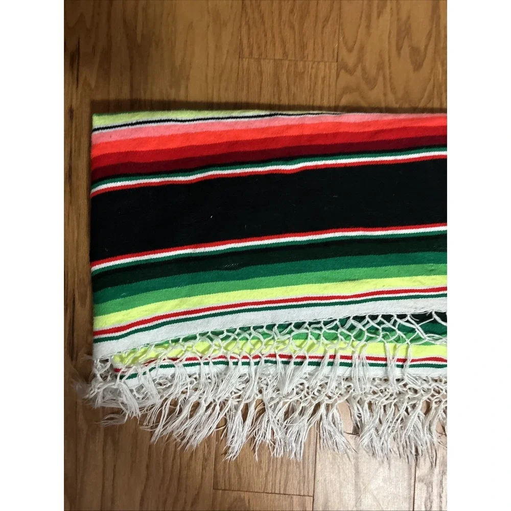 Traditional Colorful Striped Fringed Woven  Mexican Blanket 7' X 3'